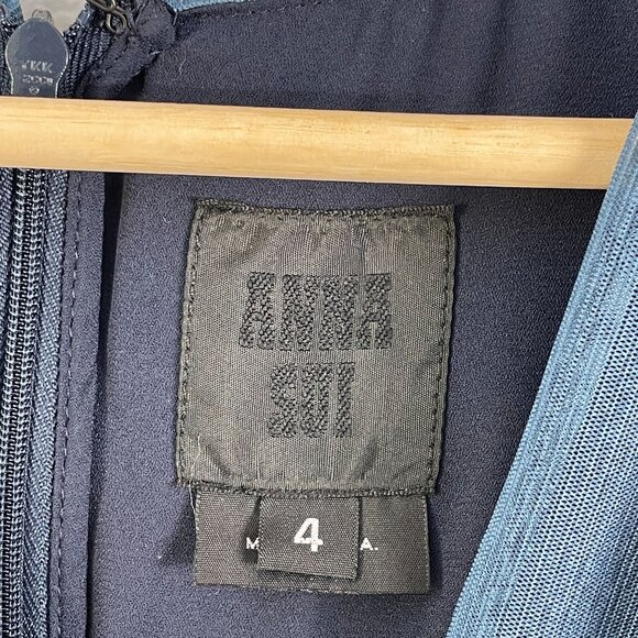 Anna Sui Womens 4 Blue Floral Sleeveless Dress V Neck Asymmetrical Hem - Picture 3 of 9